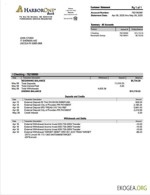 Modèle Word et PDF de relevé de compte USA HarborOne Bank